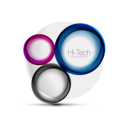 Circle web layout - digital techno spheres - web banner, button or icon with text. Glossy swirl color abstract circle design, hi-tech futuristic symbol with color rings and grey metallic element