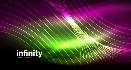 Abstract wave on dark background, shiny glowing neon digital background template