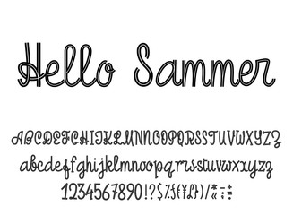 Latin alphabet Hello Summer. Font handwriting with upper and lowercase characters, numbers and symbols. Modern script of monolines.
