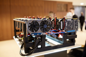 Cryptocurrency mining equipment - lots of gpu cards on mainboard