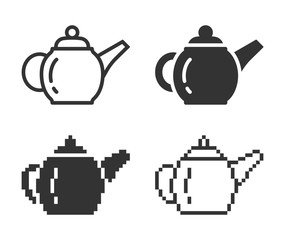 Monochromatic brewing teapot icon in different variants: line, solid, pixel, etc.