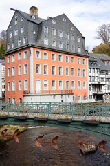 Rathaus mit davorliegender Brücke in der Innenstadt von Monschau in der Eifel