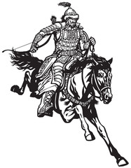 Fototapeta na wymiar Mongolian archer warrior on a horseback riding a pony horse in the gallop and holding a bow .Medieval time of Genghis Khan . Black and white vector illustration