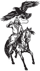 Fototapeta na wymiar Asian hunter horseman sitting on a pony horseback and hunting with a golden eagle .Black and white vector illustration