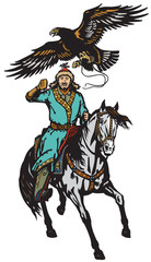 Fototapeta na wymiar eagle hunter on a horse . Asian horseman sitting on a pony horseback and golden eagle in flight .Isolated vector illustration