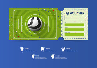 Football or Soccer ticket template design for sport match. Soccer pitch with circle pattern. Black and White Soccer ball on football field. Gift vouchers or certificate coupons. Vector illustration.