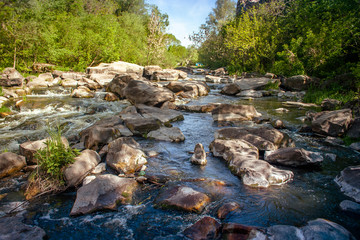 Terrific view of the River Canyon on a sunny day. Buky Canyon on the Hirs'kyi Takich river in Ukraine