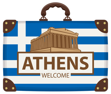 Vector travel banner with suitcase in colors of greek flag with the Acropolis and inscription Athens welcome