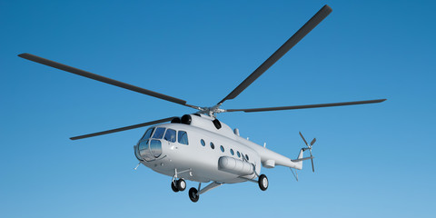 Fototapeta na wymiar 3d illustration of Mi helicopter 8. Layout. A light gray helicopter flies in the blue sky. Illustration for branding. 3d modeling and 3d rendering