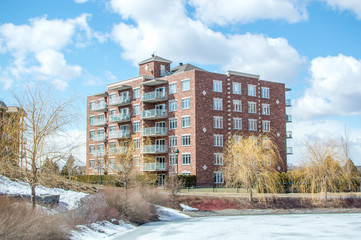 Modern condo buildings with huge windows in Montreal, Canada.