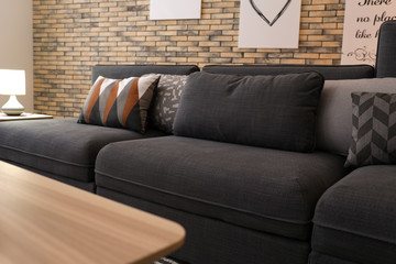 Comfortable sofa with pillows in living room