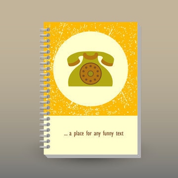 vector cover of diary or notebook with ring spiral binder - format A5 - layout brochure concept - yellow, beige, green and brown colored with old phone icon