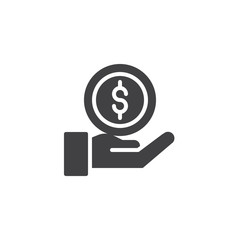 Hand money give vector icon. filled flat sign for mobile concept and web design. Dollar coin in hand simple solid icon. Donations symbol, logo illustration. Pixel perfect vector graphics