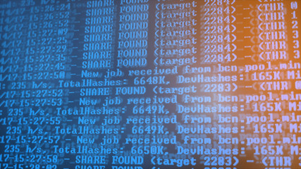 Mining Cryptocurrency process program on display PC. Using Software. Share Found.