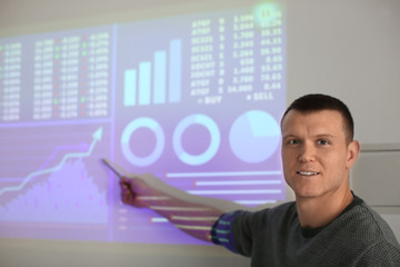 Office employee giving presentation. Forex concept