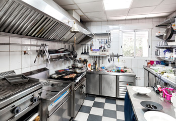 Work surface and kitchen equipments in the restaurant kitchen
