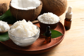 Handmade natural body scrub and ingredients on plate