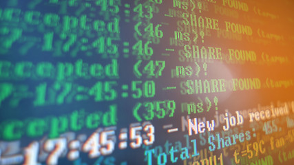 Mining Cryptocurrency process program on display PC. Using Software. Share Found.