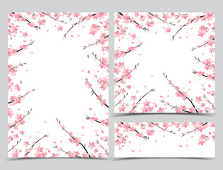 Vector decoration branches with flowers, spring blossom sakura. Set of greeting cards