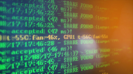 Mining Cryptocurrency process program on display PC. Using Software. Share Found.
