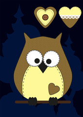 Cute cartoon owl in flat design for greeting card, invitation and logo with fabric texture.