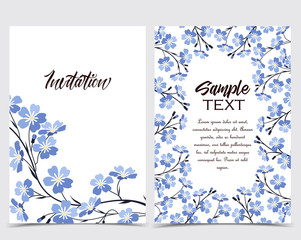 Vector illustration blue flowers on background. Branch of blue forget-me-not flowers. Set of greeting cards