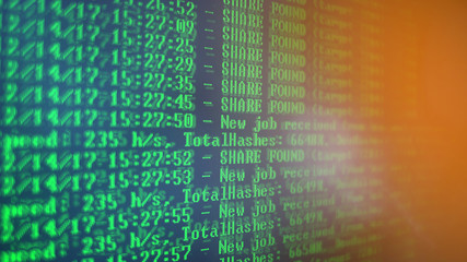 Mining Cryptocurrency process program on display PC. Using Software. Share Found.