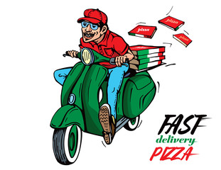 Pizza fast delivery. A motorcycle boy delivers hot pizzas. Man with moped.