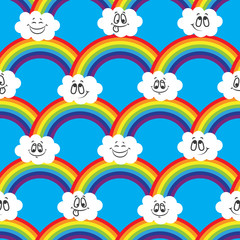 Rainbow, white clouds of emoticons. A seamless pattern for your ideas.
