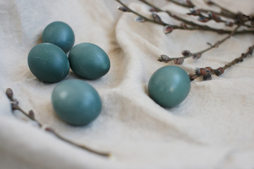 Easter still life with blue eggs