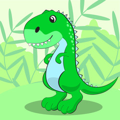 Cute dinosaur standing on a green meadow and smiling.