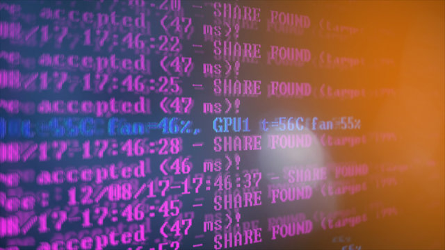 Mining Cryptocurrency process program on display PC. Using Software. Share Found.