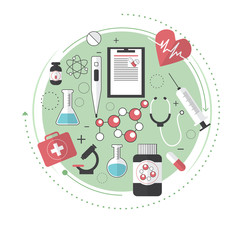 Thin lines flat design of city medicine services, medical supplies, ambulance emergency help for illness patient. Modern concept. Line art.