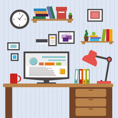 Flat of modern office interior designer desktop showing design application with interface icons elements in minimalist style and color.