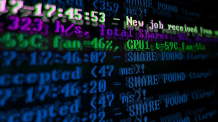 Mining Cryptocurrency process program on display PC. Using Software. Share Found.