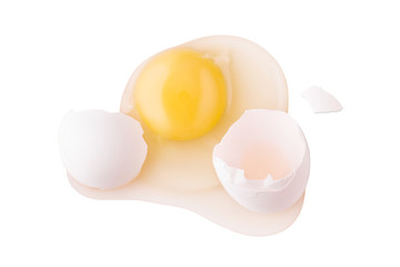 Broken egg on white background