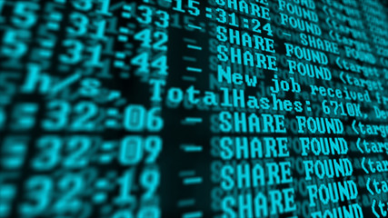 Mining Cryptocurrency process program on display PC. Using Software. Share Found.