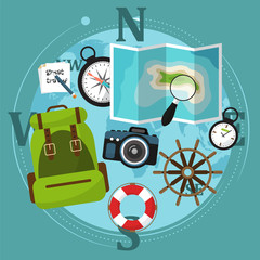Set of travel accessories with backpack, compass, map and other items.