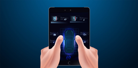 Futuristic user interface. HUD UI. Abstract virtual graphic touch user interface. Smart system application interface. 3d car dashboard. Hand touching on tablet screen.