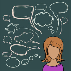 Beautiful cartoon girl with different thoughts on a dark background.