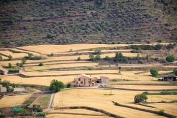 Obraz premium Sunlit large valley with yellow fields and small houses. The valley is surrounded by green mountains. View from Cardona Castle. Summer. Catalonia, Spain.