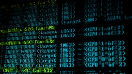 Mining Cryptocurrency process program on display PC. Using Software. Share Found.