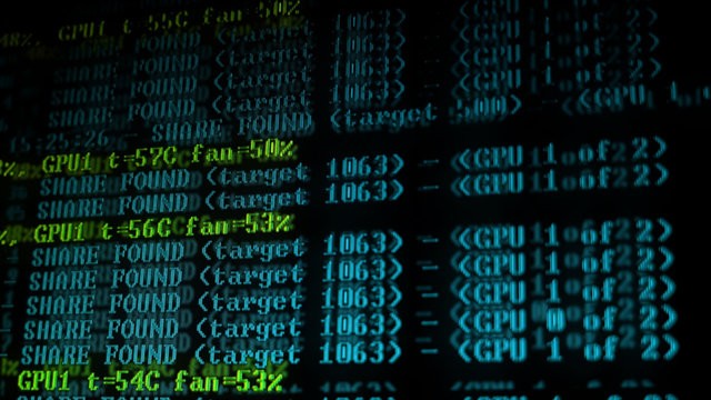 Mining Cryptocurrency process program on display PC. Using Software. Share Found.