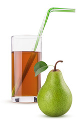 pear juice in a glass next to a pear with a green leaf