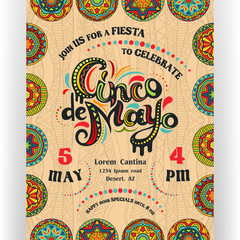 Cinco De Mayo announcing poster template. Text customized for invitation for fiesta party. Ornate lettering and Mexican style rich ornamented border. - 199803905