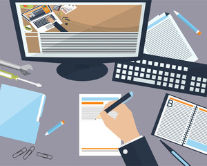Fototapeta premium Desktop business man in the office with place for your text. Flat background.