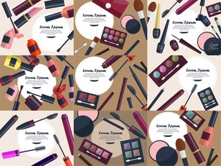 Set of mascara on the table with place for your text. Flat style.