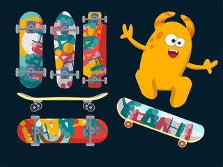Bright skateboard on a dark background with a yellow monster. © adamchuk_leo