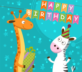 Obraz na płótnie Canvas Postcard with giraffe and zebra, which celebrate the birthday.