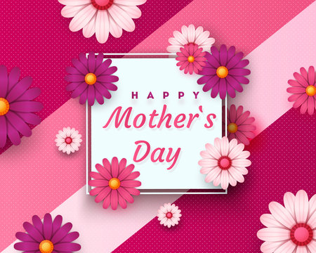 Mother's Day greeting card with square frame and paper cut flowers on colorful modern geometric background. Vector illustration. Place for your text.